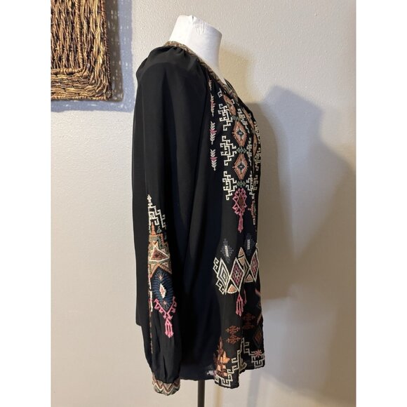 Johnny Was Long Sleeve Black Embroidered SILK Malta Tunic Top Colorful $300 - Picture 9 of 16